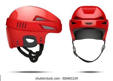 Classic Red Hockey Helmet. Front And Side View. Sports Vector Illustration Isolated On White Background.