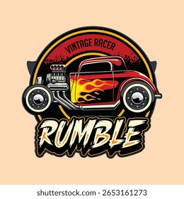 Carro quente vermelho clássico com decalques de chamas, tubos de escape cromados na ilustração do logotipo emblema