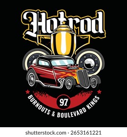 Carro de arrasto vermelho clássico com decalques de chama, troféu de ouro, pneus e ilustração tipográfica arrojada