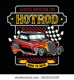 Carro de arrasto vermelho clássico quente com decalques de chama, bandeiras quadriculadas e ilustração tipográfica em negrito