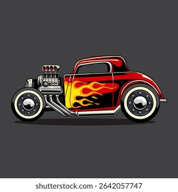 Classic red hot rod car with flaming decals, chrome exhaust pipes, and vintage design on a gray background. Retro muscle car illustration in cartoon style