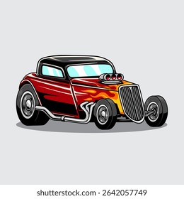 Classic red hot rod with flame decals, chrome exhaust pipes, and exposed engine, illustrated in vibrant cartoon style on a light grey background