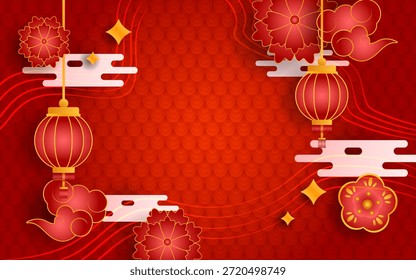 Lanternas Vermelhas Clássicas E Motivo Nuvens Para Fundo De Ano Novo Chinês