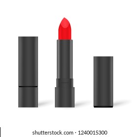 Classic red lipstick in black tube, mockup. Open and closed. Lip rouge isolated on white background, vector illustration.