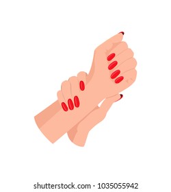Classic red manicure on neat rounded nails of elegant female hands folded in gesture isolated cartoon flat vector illustration on white background.