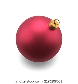 Classic red matte metallic luxury Christmas ball with golden loop for hanging spruce realistic vector illustration. Traditional Xmas expensive toy decorative 3d design for winter holiday celebration