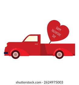 Classic red pickup truck carrying a big red heart for valentine's day
