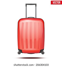 Classic Red Plastic Luggage Suitcase For Air Or Road Travel. Vector Illustration Isolated On White Background.