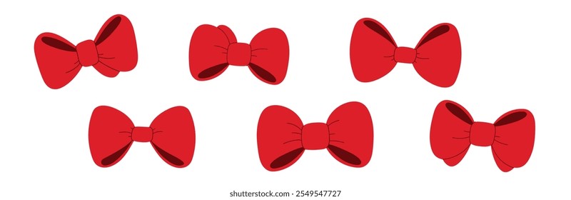 Classic Red ribbons bowtie with tape and knot details set. Luxury elements for Christmas presents. Flat vector illustration isolated on white background.