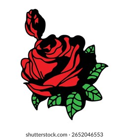 Classic Red Rose Drawing, Vibrant Colored Flower Clipart