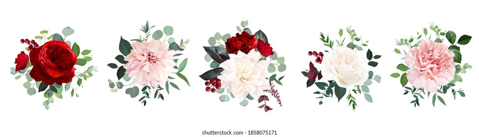 Classic red rose flowers, white ivory dahlia, carnation vector design wedding bouquets. Eucalyptus, greenery. Floral pastel watercolor. Blooming fall floral bunches. Elements are isolated and editable