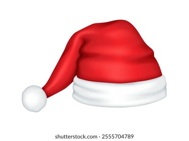 Classic red Santa hat with fur ball realistic vector illustration. Festive spirit of Christmas holiday 3d object on white background