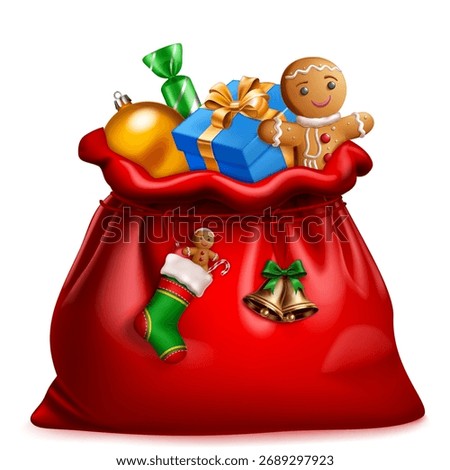 A classic red Santa sack brimming with a blue gift box, a golden bauble, candy, and a large gingerbread man. Hanging from the sack are a stocking and bells. On white background.