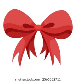 Classic red satin ribbon bow with double tape. Bowknot for decoration. Large retro hand drawn ribbon Illustration. Cartoon bow knot, gift ribbon.