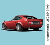 Classic Red Sports Car: An elegant vector illustration of a red sports car with an elongated hood, prominent wheel arches, and a sleek design, set against a plain light blue background