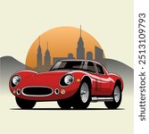 A Classic Red Sports Car at Sunset: This stylized artwork features a sleek, vintage red sports car against a city skyline during sunset, evoking a sense of nostalgia and adventure