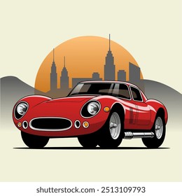 A Classic Red Sports Car at Sunset: This stylized artwork features a sleek, vintage red sports car against a city skyline during sunset, evoking a sense of nostalgia and adventure