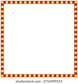 Classic red square frame with a glowing edges in light bulbs and copy space. Best for theater or cinema posters, show announcements, casino projects, event advertising. PNG and Vector illustration.