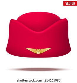 Classic Red Stewardess hat forage cap of air hostess uniform. Civil aviation and air transport. Vector Illustration isolated on white background.