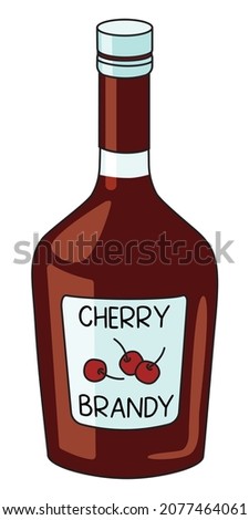 Classic red sweet cherry liqueur in a bottle. Doodle cartoon hipster style vector illustration isolated on white background. For party card, posters, bar menu or alcohol cook book.