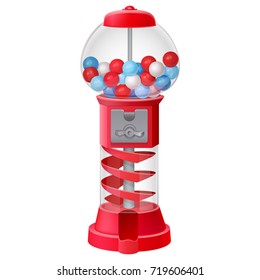 classic red tall spiral gumball vending machine isolated on white background. 3d realistic vector illustration with transparent glass