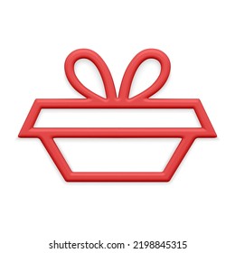 Classic red trapezoid shape contoured gift box decorated by bow for holiday decor traditional symbol vector illustration. Premium bright present cardboard package border Xmas tree bauble silhouette