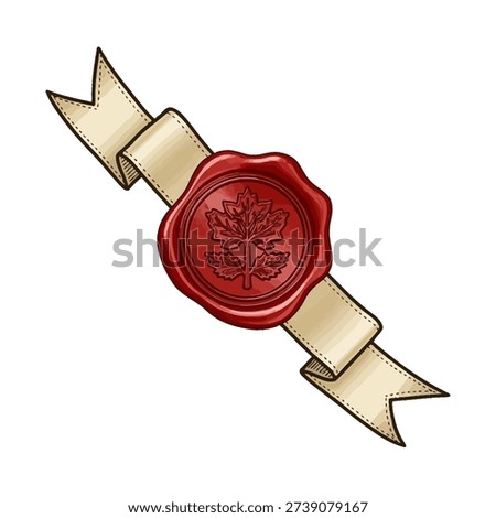 A classic red wax seal with a botanical imprint, attached to a cream-colored ribbon, presented on a white background.