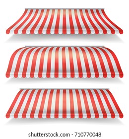 Classic Red And White Awning Vector Set. Realistic Store Awning  Isolated On White Background Illustration