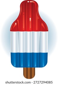 A classic red, white, and blue ice pop commonly known as the Bomb Pop or Rocket Pop. Originally created in 1955, this iconic frozen treat features cherry, lime, and blue raspberry flavors and a distinctive rocket-shaped design inspired by mid-20th-century space-age themes. Widely enjoyed during summer and patriotic celebrations.