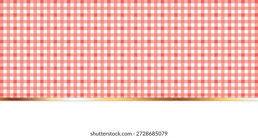 Fondo clásico de patrón de guinga a cuadros rojo y blanco con una elegante línea de borde Horizontal dorado en la parte inferior para el diseño de la cocina o de picnic