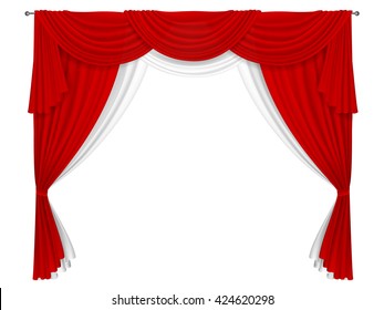 Classic red and white curtain.  Curtains for decorating windows or in the theater scene. Curtain fabric forms creases and pelmets.