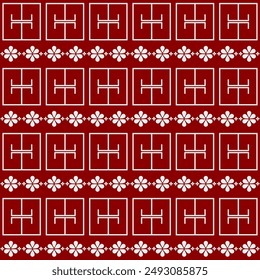 Classic Red and White Geometric Seamless Pattern, Vintage Red Geometric Seamless Print, Floral and Geometric Graphic Tile, Traditional Floral and Square Tile Design, Seamless Geometric Fabric Print.