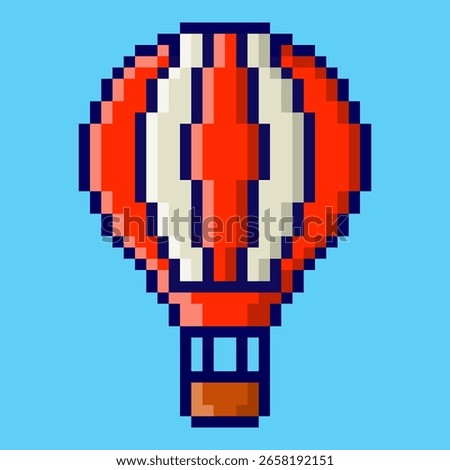 Classic red and white hot air balloon icon designed in a charming retro pixel art style, featuring a striped balloon and a basket, poised for a skyward journey against a clear blue sky.