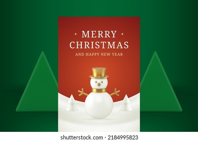 Classic red white Merry Christmas greeting card snowman and spruce realistic 3d icon vector illustration. Happy New Year invitation congratulations poster snow fir tree winter holiday celebrate design