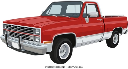 Classic red and white pickup truck vector illustration of a vintage off-road utility vehicle