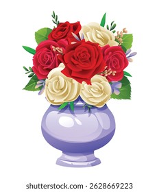 Classic red and white rose bouquet in a light purple decorative vase on white background. Vector cartoon illustration