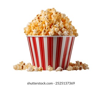 A Classic Red and White Striped Bucket Brimming with Golden, Fluffy Popcorn