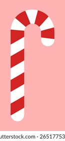 A classic red and white striped candy cane is depicted against a soft pink background. The candy cane is a popular holiday treat, symbolizing Christmas and winter festivities.