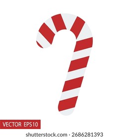 A classic red and white striped candy cane, a popular holiday treat, is depicted against a plain white background.
