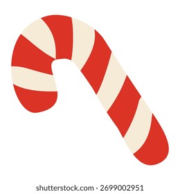 A classic red and white striped candy cane in a simple flat design style. This festive vector illustration is isolated on a white background, for Christmas decorations and holiday-themed graphics.