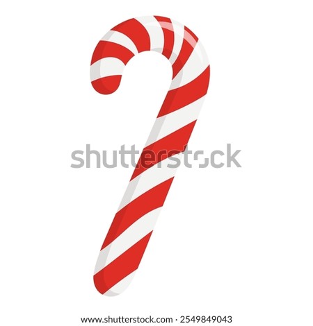 a classic red and white striped candy cane illustration, shaped like a hook, commonly associated with Christmas and holiday treats.