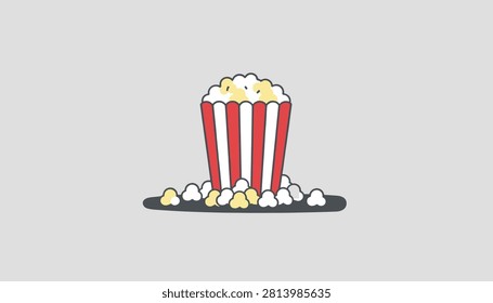 Classic red and white striped cardboard popcorn box overflowing with fresh salty snacks on grey background.