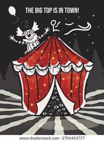 A classic red and white striped circus tent against a dark night sky. This iconic big top illustration captures the magic and nostalgia of vintage carnival celebrations.
