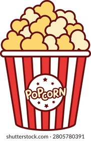 Classic red and white striped popcorn bucket illustration with container entertainment buttered illustration isolated background snacking celebration concession snacktime carnival