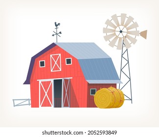 Classic red wooden farm barn building with weather vane on top windmill and hay roll near it. Isolated vector illustration of farmland countryside view.