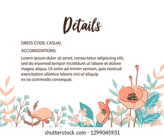 Classic and Refind wedding information card with flower frame background, hand drawn floral elements label. Vector design template, isolated. Details card in trendy and fashion rust color.