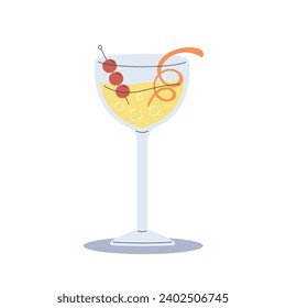 Classic refreshing drink in wine glass decorate with brandied cherries and orange peel leaf. Flat cartoon style vector illustration isolated on white background