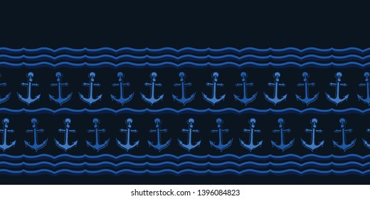 Classic regatta stripe marine anchor seamless vector border pattern. Hand drawn ocean sailing tile. Ribbon trim for seafaring blog, nautical graphic, sailor fashion trim. Maritime home decor textiles 