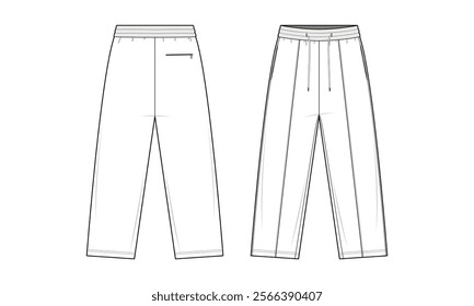 Classic Relaxed Sweatpants Technical Fashion Illustration. Pants vector template illustration. Front and back view. Relaxed fit. Elastic waistband. Back pocket. Lounge wear. White color. CAD mockup.