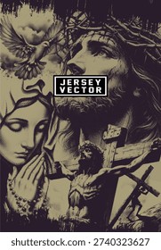 CLASSIC RELIGIOUS VECTOR PASSION OF CHRIST AND MARY PRAYING JERSEY DESIGN